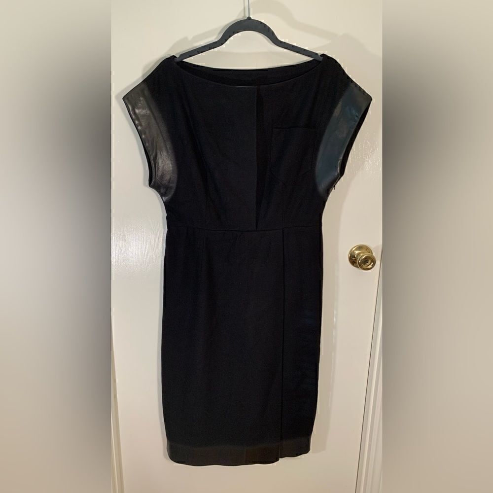 Prada EUC black virgin wool faux leather trim sleeveless mid length dress Siz 46